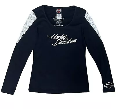 Harley Davidson Lace Crochet Shoulder Womens Motorcycle Biker Long Sleeve Top • $15