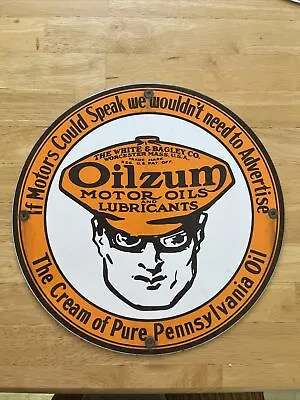 Vintage Oilzum Gasoline Porcelain Gas Oil Service Station Pump Plate Ad Sign 12” • $74.95