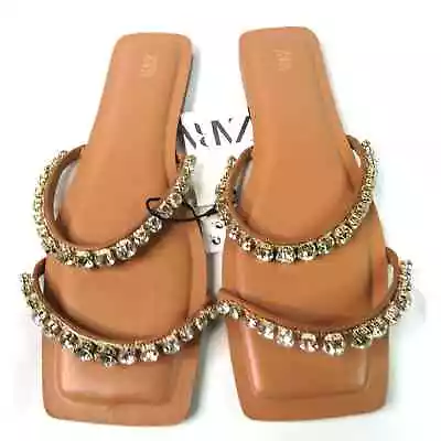 NWT Tan ZARA Rhinestone Strap Square Toe Flat Sandals Sz. 7.5 EU 38 • $39