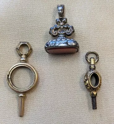 Antique Watch Fob  With Carnelian(?) Stone & Two Key Wind Fobs • $28