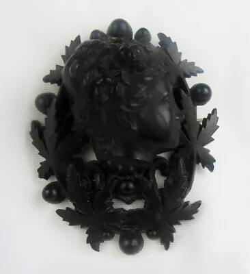 Antique Carved Black Ebony Wood Lady Head Cameo Profile Mourning Brooch Pin • $119