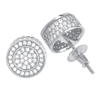 Men's Iced Silver Plated Micro Pave 10 Mm 3D Round Screw Back Earrings BE 038 S • $12.99