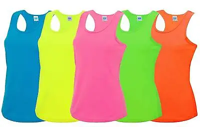 Ladies Cool Sports Vest 8-16 Workout Gym Dance Racer Back Neon Fluorescent Top • £4.38