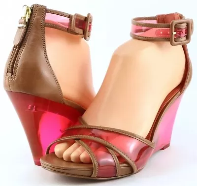 $198 VIA SPIGA BIANA Pink Multi Leather Designer Wedge Sandals Heels 8.5 • $44.99