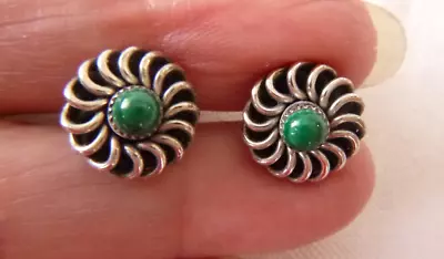 Signed 'Lementine' Vintage Zuni Malachite Stud Earrings 925 Sterling Silver • $29.95