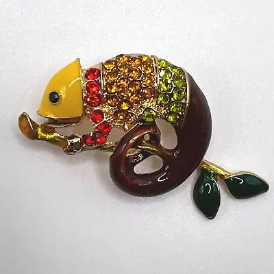 CHAMELEON BROOCH Pin Lizard Yellow Green Rhinestone Enamel Costume Jewelry • $11.06