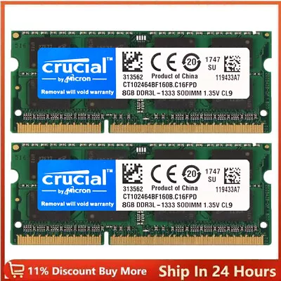 CRUCIAL DDR3L 4GB 8GB 16GB 1333 PC3L-10600 Laptop SODIMM Memory RAM 204Pins DDR3 • $29.46