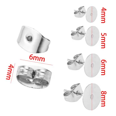 100Pcs 4/5/6/8mm Stainless Steel Stud Post Earring Findings With Round Flat Pad • £4.78