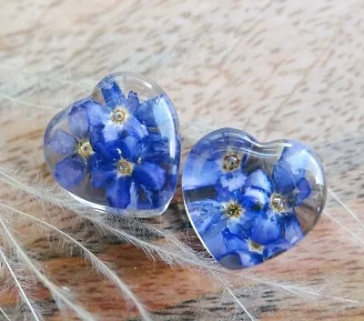 Heart Ear Plugs Forget Me Not Flowers Resin Earrings Gauged Bridal Tunnels Pair • $21.08