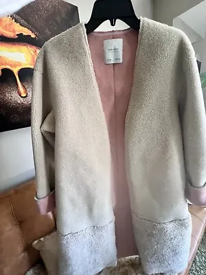  Zara Tan Pink Faux Fur Faux Shearling Open Front Coat Sz XS • $48