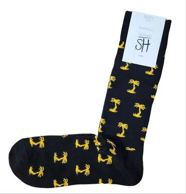 HAPPY SOCKS Men's Black Cotton Yellow Palms Crew Socks Size 8-12 NWT • $8