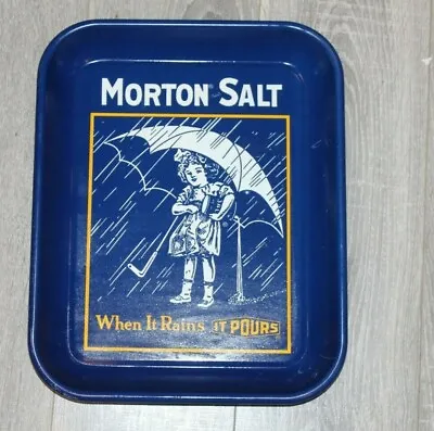 Vintage MORTON SALT  Umbrella Girl When It Rains It Pours  Tray  History On Back • $18.75