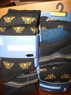 Ex M & S COTTON RICH COOL & FRESH SOCKS BLACK MIX BEES STRIPES PLAIN 10 PAIRS • £16