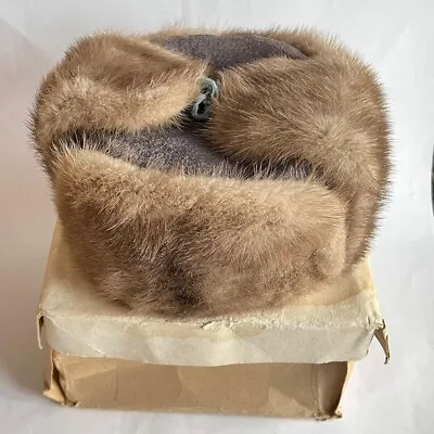 Vintage Men Hat Genuine Mink Beige Fur Leather Warm Winter USSR Russian CAP 58 • $120