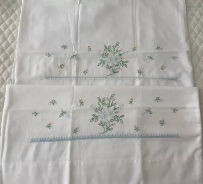 Set Of 2 UNUSED Vintage Light Blue Floral Embroidered Standard Pillowcases • $14.99