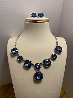 Lovely Monet Vintage Silver Tone Blue Crystal Necklace & Earring Set • $30.60