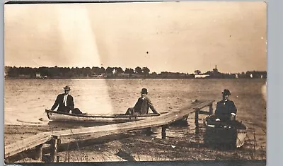 MEN IN BOATS ALONG DOCK Laporte In Real Photo Postcard Rppc Indiana History • $16.65