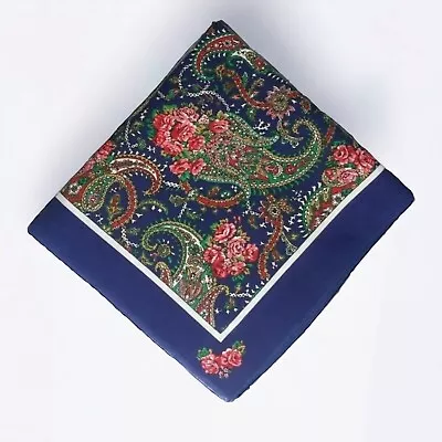 Vintage Bandana Blue W/ Green Paisley & Roses Square Scarf USA RN 14193 Floral • $16