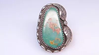 Vintage Sterling Huge Greenish Turquoise Ring Size 7 1/2 - 8 • $135