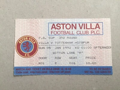 £0.75 • Buy Ticket: 1991/2 FA Cup Rd 3. Aston Villa V Spurs.    Good