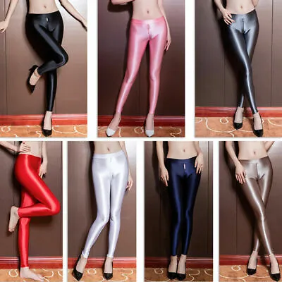 Women's Sexy Shiny Glossy Leggings Skinny Zipper Open Crotch Trousers Long Pants • £15.59