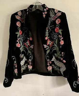 Zara Woman Black Velvet Embroidery Long Sleeve Fox & Floral Jacket Blazer Sz:s • $87.14