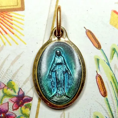 Saint Mary. Miraculous Medal. French Antique Religious Blue Enamel Pendant. • $19.99