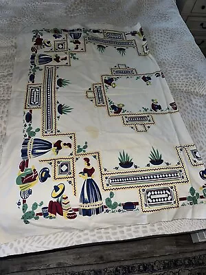 VINTAGE TABLECLOTH SOUTHWEST MEXICAN THEME Cotton 48”x 60” • $19