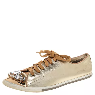 Miu Miu Gold Leather Crystal Embellished Cap Toe Sneakers Size 38 • $202.65