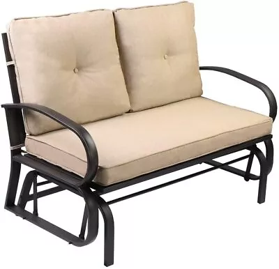 Outdoor Glider Garden Patio Swing Bench Wrought Iron Metal Frame Beige Cushion • $270