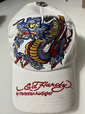 Y2K Vintage 00’s Ed Hardy By Christian Audigier Trucker Cap White (5) • £49.99