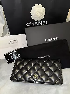 Chanel Black Quilted Lambskin Leather L Yen Continental Wallet-Great& Authentic • $950