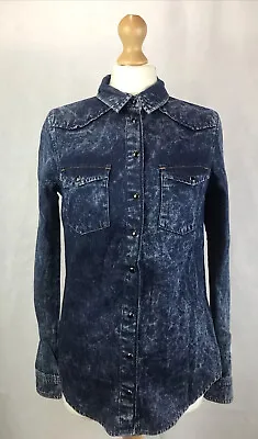 Warehouse Dark Blue Mottled Acid Wash Denim Long Sleeve Shirt UK10 A40 • £17.99