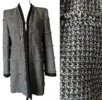 Mcginn Nordstrom 67% Wool 22% Silk Tweed Jacket Blazer Black Gray Fringe 10 • $19.99