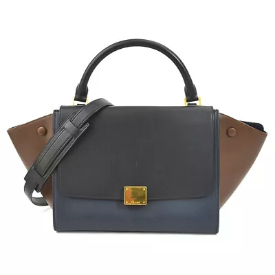 Auth CELINE Trapeze Handbag Shoulder Bag Black/Navy/Brown Leather E56501f • $636