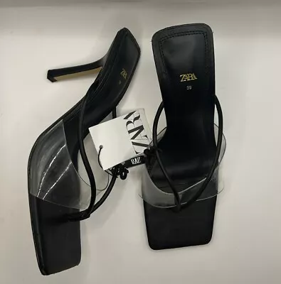 ZARA NEW WOMAN BlACK  PVC VINYL HEELED SHOES MULES SIZE EU 39 • $79.99