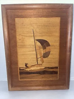 Vintage Marquetry Inlaid Wood Plaque Sailboat Ocean Couple Coastal 13x10” • $28.76