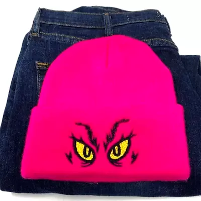 GRINCH EYES  Pink Beanie Embroidered In Green And Yellow • $18.99