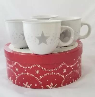 Macy's 2006 Hot Chocolate Set 4 White Mugs With Silver Stars In Gift Box • $14.95