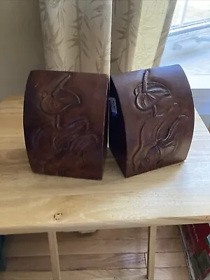 Made In Hawaii Koa Wood Book Ends..Hawaiian Flower And Leaf Pattern…vintage…set • $150