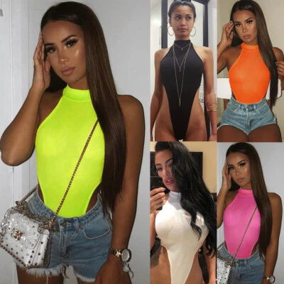 £5.12 • Buy Womens RIBBED Halter Neck Jumpsuits Summer Beach Leotard Body Cami Tops Bodysuit
