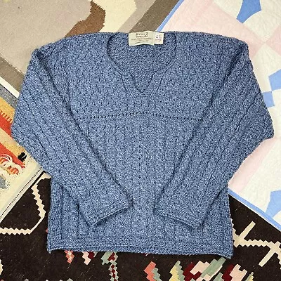 Aran Crafts Merino Wool Cable Knit Fisherman Sweater Blue V-Neck Women's XS • $29.95