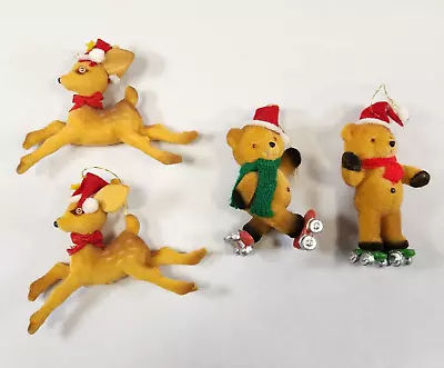 Vintage Flocked Felt Fuzzy Deer Bear Roller Skating Christmas Ornament Lot Of 4 • $18.99