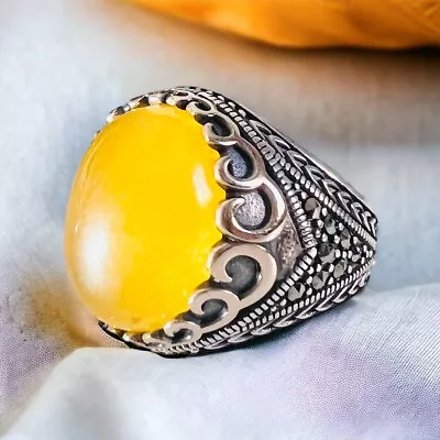 Men Yellow Agate Ring Sterling Silver Vintage Ring Oval Aqeeq Gemstone Ring • $54