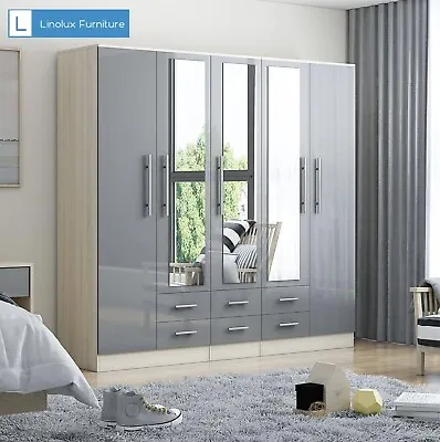 5 Door Mirrored Wardrobe High Gloss LIGHT GREY 6 Drawers Modern Design • £479.99