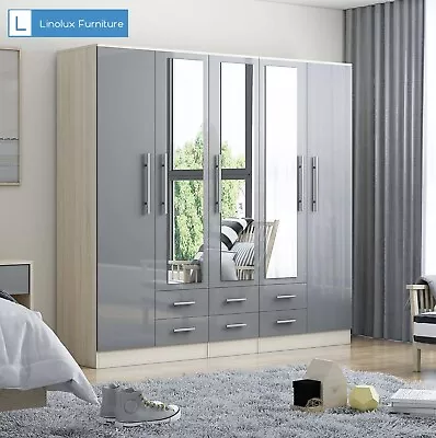 NEW LARGE MODERN 5 Door Mirrored Wardrobe High Gloss GREY 6 Drawers • £559.99