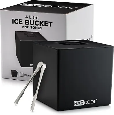 Barcool Ice Bucket With Lid And Ice Tongs | 4 Litre | Square & Double Walled Ins • £25.98
