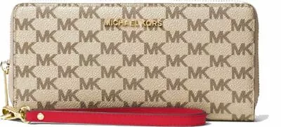 NWT Michael Kors Jet Set Travel Continental Wristlet Nat/Cherry (32H6TTVE7V) • $158