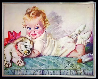Maud Tousey Fangel Vintage 1930's Lithograph Print Baby On Bed With Puppy 13x10 • $8.95