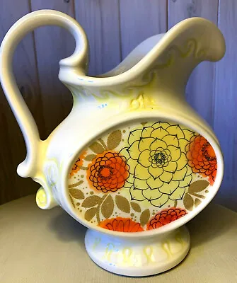 Vtg.McCoy/Nelson Pottery-8  Retro Pitcher #7513-Orange & Yellow Floral W/Scrolls • $12.50